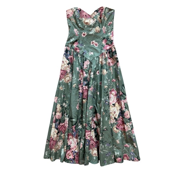 VTG 80s drop basque waist floral strapless cotton dress 50s inspired‎ cottage 4